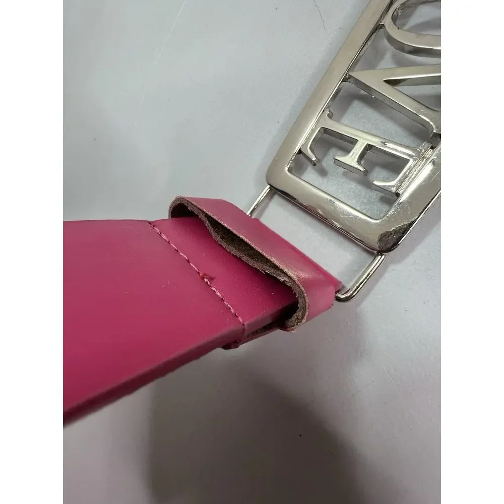 Love Logo Metal Belt Buckle Hot Pink Leather Belt New Vintage Sz XL Y2K